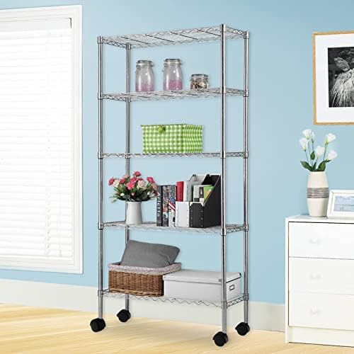 5 Tier Storage Racks Shelving, Heavy Steel Pantry Shelves, Adjustable Wire Shelving Rack with Wheels, Suitable for Garage, Kitchen, Bathroom, Office, 35" W x 14" D x 65" H, Chrome by Unknown