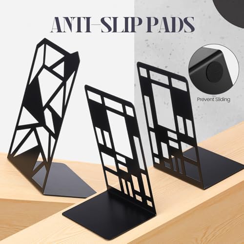 Feifeiya 6 Pairs Decorative Book Ends Metal Bookends for Shelves Black Metal Heavy Duty Book Ends Holder Supports Stoppers for Home Office School, 6.9x4.9x3.5”(Geometrical) - Image 4