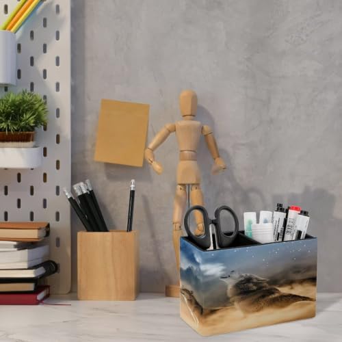 PU Leather Multi-Compartment Pen Holder Desktop Organizer Pencil Cup Storage Caddy for Office Home Supplies Wolf Wolves Yelling to The Sky Stand On Mountains Gray Forests Foggy Secenery - Image 6