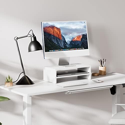 FITUEYES Wooden Monitor Stand Riser, 2-Tier Desk Storage Shelf, White - Image 2