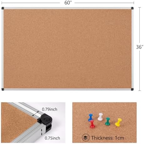 Extra Large Cork Bulletin Board 60" X 36", Silver Aluminum Framed 5'x3' Corkboard for Wall, Wall Mounted Notice Pin Board with 18 Push Pins for School, Home & Office - Image 6
