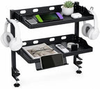 GarveeLife 1PC Adjustable 2-Tier Clamp-On Desk Shelf, Black Metal Over-the-Table Desk Organizer, Double-Layer Desk Storage Rack with Headphone Hooks for Home & Office by GarveeLife