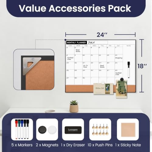 Dry Erase Calendar with Cork Board for Wall | 24"x18" Whiteboard Calendar with Aluminium Alloy Frame, Magnetic Monthly Wall Calendar for Home Office Planner Memo - Image 2