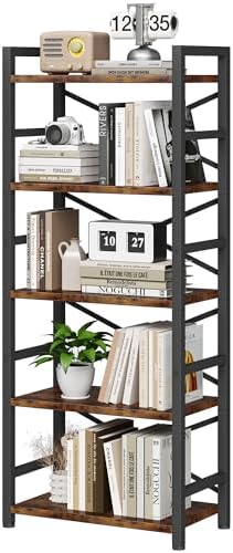 Organization and Storage, 5 Tier Bookshelf, Tall Bookcase with Shelves, Wood and Metal Book Shelf Storage Organizer, Industrial Display Standing Shelf Unit for Bedroom, Living Room, Rustic Brown by Homeiju