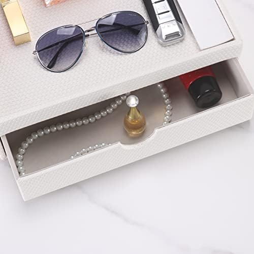 Leather Desk Organizer With Drawers, Home Cosmetics & Phone Remote Organizer, Drawer Plus Divider & Tray (white) - Image 5