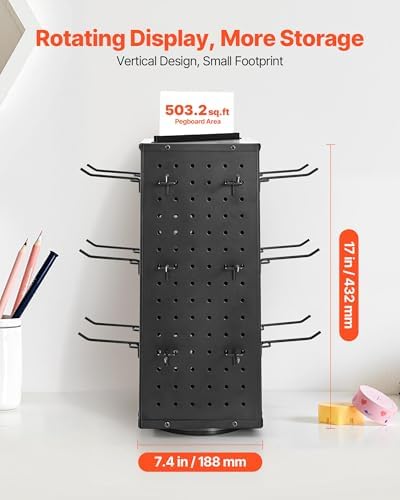 VEVOR Rotating Pegboard Display Stand, 7.4 x 7.4 x 17 in 4-Sided Spinning Peg Board Display with 24 Hooks, Thickened Cold-Rolled Steel Craft Rack Organizer for Grocery Retail Store Jewelry Shop, Black - Image 2