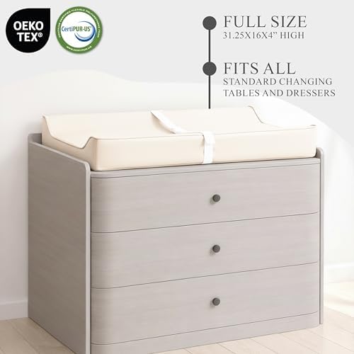 Vegan Leather Contoured Baby Changing Pad | Waterproof & Wipe-Clean PU Leather Diaper Change Mat, Soft, Wipeable Cover, Safety Strap, Non-Slip Bottom, Topper for Standard Infant Diaper Table & Dresser - Image 6