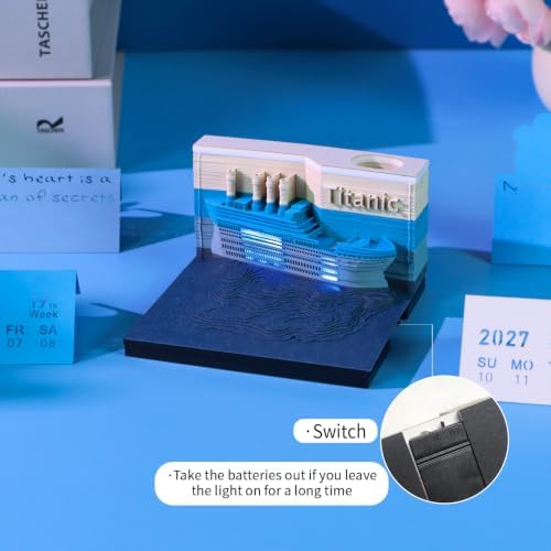 3D Art Calendar Memo Pad 2027,3D Titanic Weekly Calendar Notepad With Light&Pen Holder, 3D Memo Pad Desk Calendar DIY Decoration Gift - Image 4