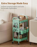ALVOROG 3 Tier Metal Rolling Cart with Drawer,Wood Top,Pegboards,Green - Image 2