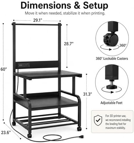 Homieasy 3D Printer Stand with Charging Station, 29.1" x22.8", Black - Image 2