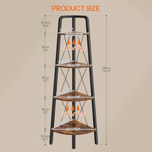 HOOBRO Corner Shelf, 4-Tier Corner Shelf Stand, 53.5" Tall Ladder Bookshelf, Industrial Corner Display Shelf Plant Stand for Living Room, Kitchen, Home Office, Rustic Brown BF144CJ01 - Image 3