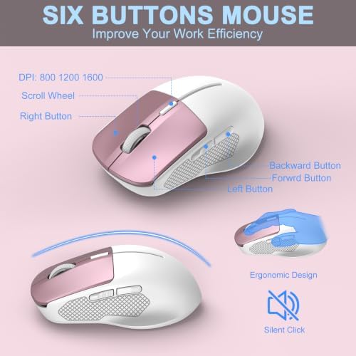 Rechargeable Silent Wireless Keyboard and Mouse Combo, Ergonomic Wrist Rest & Phone Tablet Holder, USB-C Adapter Included, 2.4G Lag-Free Cordless Set for Windows Mac Laptop PC Home Office (Rose Gold) - Image 6