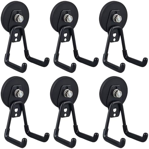 ULIBERMAGNET Heavy Duty Magnetic Garage Hook,6 Pack Strong Large Magnet Hooks for Power Drill,Garden Tools,Hose,Pegboard,Garage, Workshop,Magnetic Storage Hooks for Indoor Outdoor Hanging(Black) by ULIBERMAGNET
