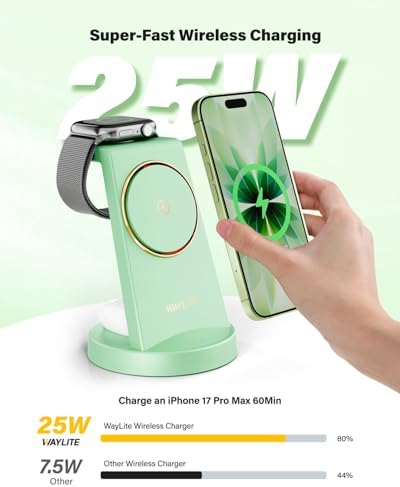 3 in 1 Fast Charging Station for iPhone, 25W Wireless Magnetic Phone Charger for iPhone 17 16e 16 15 14 13 12 Serise, Watch Charger Stand, Wireless Charging Station for AirPods 4 3 Pro, Green - Image 3