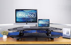 Rocelco 46" Height Adjustable Corner Standing Desk Converter with AC Outlet and USB Charger - Sit Stand Up Dual Monitor Tabletop Riser Workstation - Large Keyboard Tray - Black (R CADRB-46-ACUSB) - Image 3