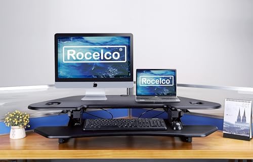 Rocelco 46" Height Adjustable Corner Standing Desk Converter with AC Outlet and USB Charger - Sit Stand Up Dual Monitor Tabletop Riser Workstation - Large Keyboard Tray - Black (R CADRB-46-ACUSB) - Image 3