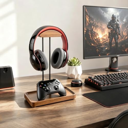 Wood Headphone Stand for Desk, Walnut Headset Holder with Storage Tray - Image 2