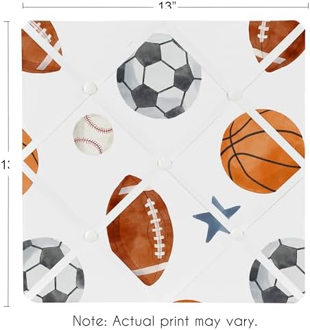 Sweet Jojo Designs Sports Theme Boy Fabric Bulletin Board Picture Memo Photo Nursery Wall Bedroom Home Office Room Decor 13x13 Watercolor Vintage Soccer Balls Football Baseball Basketball Blue Stars - Image 3