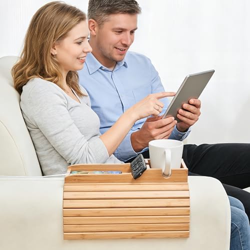 GEHE Couch Cup Holder, Anti Falling Sofa Arm Tray, Natural Bamboo Sofa Cup Holder More Safe for You Family, Portable Couch Arm Tray Armrest Table for Remote, Snacks, Phone, Drinks - Image 6