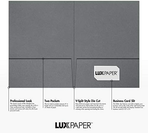 LUXPaper 9" x 12" Presentation Folders | Two Pocket | Front Cover Card Slits (Lower Right) | Sterling Gray Linen | 100lb. Cover | 100 Qty - Image 2