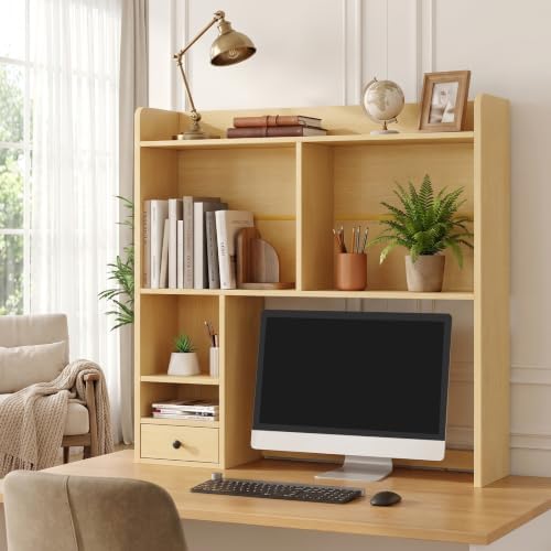 knoworld Desktop Bookshelf for 27" Monitor, 36.4" Tall Dorm Desk Hutch Organizer with 5 Shelves & 1 Drawer, Engineered Wood Desk Shelf for Computer Desk, Natural - Image 3