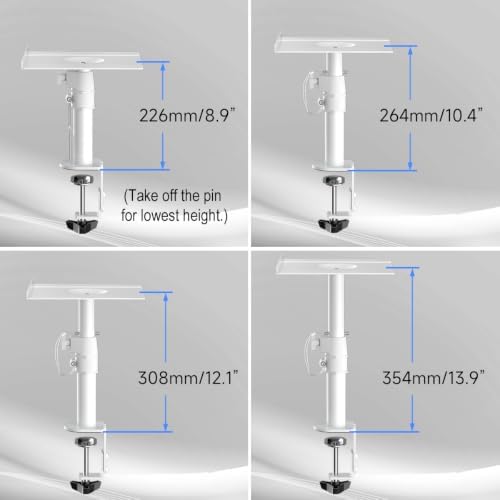 suptek Clamp-on Speaker Stand Desk Mount Set, Height Adjustment, Tilt, Swivel, 9.6 x 8.8 inch Trays, Universal Audio Holders for Computer and Bookshelf Speakers, Elevated Sound, 2 Pack, White, SDM001W - Image 5