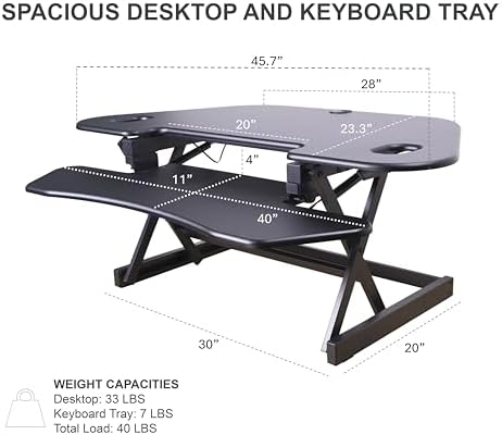 Rocelco 46" Height Adjustable Corner Standing Desk Converter - Quick Sit Stand Up Dual Monitor Riser - Gas Spring Assist Tabletop Computer Workstation - Large Keyboard Tray - Black (R CADRB-46) - Image 4