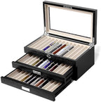 wood pen display case 36 slot Fountain pen Box storage Organizer with drawer, Top Glass Window Pen Collection Display Case by Besforu