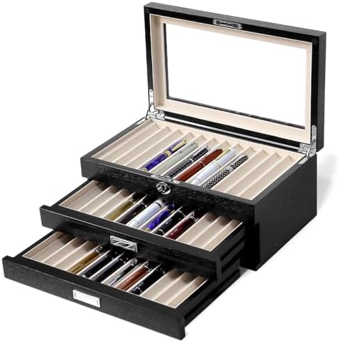 wood pen display case 36 slot Fountain pen Box storage Organizer with drawer, Top Glass Window Pen Collection Display Case by Besforu