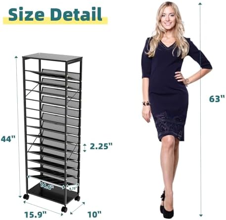 Ekisemio 15 Tier Rolling File Cart, Sturdy and Durable Desk File Organizer with Metal Mesh Letter Tray, Heavy-Duty Rolling Clutter Cart for Office, Home, School, Black - Image 3