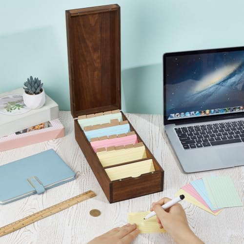 UNICRAFTALE 1 Set Rectangle Index Card Organizer Box Wooden Grid Storage with 200 Cards & 20 Dividers Note Card Holder for Study Office Business Home 12.28x5.71x3.74 Inch - Image 2