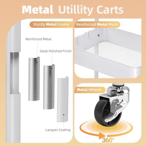 KINGRACK 3 Tier Metal Rolling Cart with Drawer, White Utility Storage Cart - Image 4