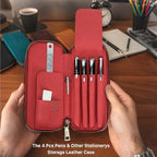 CONTACTS Full Grain Leather Pencil Case for Women Handmade Vintage Zipper Pen Holder Pouch with Card Slot Pens Organizer Pockets Stationery Bag (Red) - Image 2