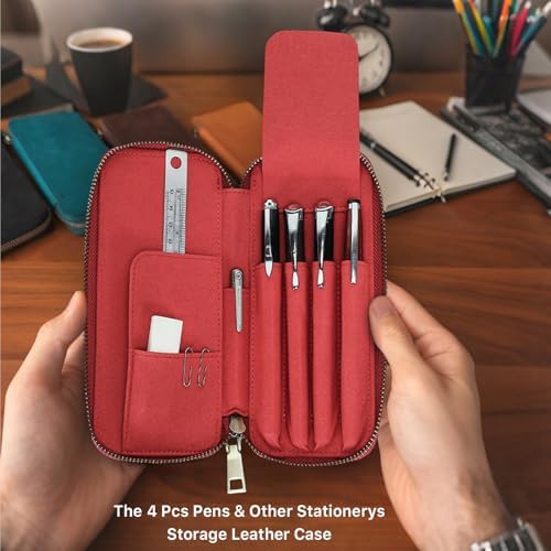 CONTACTS Full Grain Leather Pencil Case for Women Handmade Vintage Zipper Pen Holder Pouch with Card Slot Pens Organizer Pockets Stationery Bag (Red) - Image 2