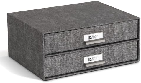 Bigso Birger 2-Drawer Canvas Fiberboard Easy Pull Handle Box - Desktop Drawers for A4 and Letter Size Papers - Desk Drawers with Metal Label Holder - 13.1in x 10in x 5.7in - Melange Grey - Image 3