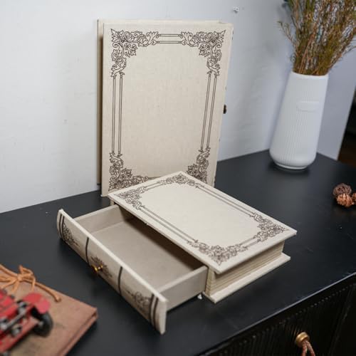 Vintage Book Storage Box with Drawer, Natural Linen-Textured Cover with Classic Frame Pattern, Hidden Organizer for Jewelry, Keepsakes or Desktop Use 9.5″ x 6.7″ x 2″ - Image 6