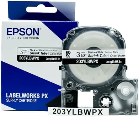 LABELWORKS Epson 203YLBWPX Heat Shrink Tube - Black on White - 3mm by EpsonLABELWORKS