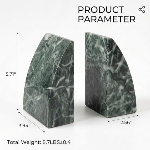 Koville Marble Bookends for Shelves, 8Lbs Large Stone Bookends for Heavy Books, Non-Slip Heavy Duty Book Stopper, Modern Decorative Book Ends for Bookshelf Table Home Decor(Verde Alpi) - Image 2