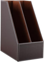 KINGFOM Wooden Leatherette Desktop File Folder Organizer and Document File Stand Journals Magazine Rack 2 Slots (brown) - Image 5