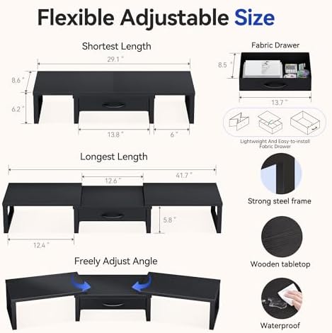 Dual Monitor Stand Riser, Desk Organizers and Accessories with Drawer, Computer Monitor Stands for Desk, Adjustable Desktop Shelf for PC Laptop Printer TV, Black - Image 2