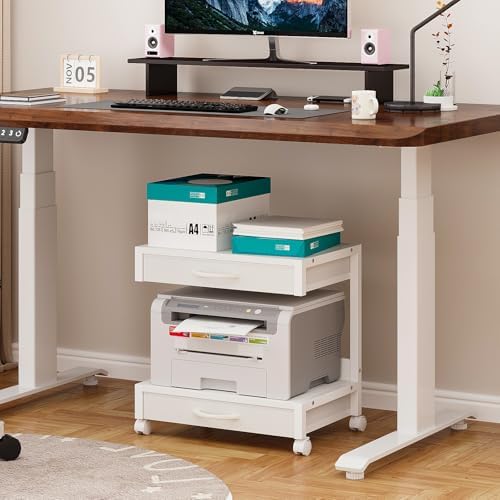VENNQD 2-Tier Desktop Printer Stand with 2 Fabric Drawers, Prtiner Table with Storage Shelf, Desk Organizer for Home Office,3D Printer,Fax Machine,Scanner (White, 2 Tier) - Image 3