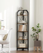 CHOEZON 59.4" Corner Shelf, 5-Tier Industrial Corner Bookshelf, Corner Storage Stand, Plant Stand Display Shelf, Bookcase for Bedroom, Living Room, Home Office, Rustic Brown and Black TCJ10BF - Image 3