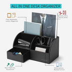 VLANDO Office Desk Organizer Leather Desktop Organizer Caddy with Drawer for Storing Desktop Supplies and Accessories (Black Set) - Image 2