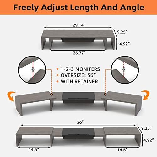 WESTREE Triple Dual Monitor Stand Riser, 56" Extra Long Monitor Stand for 1~2~3 Monitors, Monitor Stand with Length and Angle Adjustable, 3 Shelf Desktop Organizer Riser for Monitor Computer Laptop - Image 6