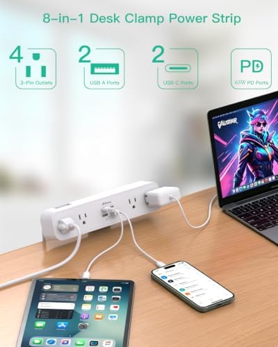 Mifaso PD65W Desk Clamp Power Strip, 1080J Surge Protector, 2 USB C - Image 2