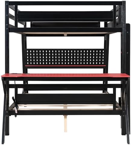 Polibi Full Over Full Bunk Bed with 2 Built-in Gaming Desks, USB Charging Ports & Pegboard Organizer, Heavy-Duty Gaming Bed Frame for Teens/Adults, Red (Full Size) - Image 4