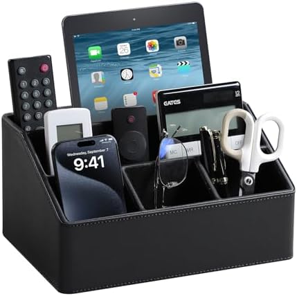 PU Leather Desk Organizer, Remote Control Holder, Black by MEIBOOCH