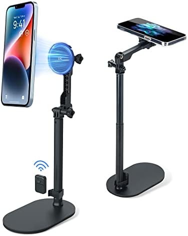 JJC Strong Magnetic Phone Desk Stand Compatible with MagSafe for iPhone 17 16 15 14 13 12 Pro Max Plus, MagSafe Case & All Smartphones, Height & Angle Adjustable iPhone Stand with Remote Control by JJC