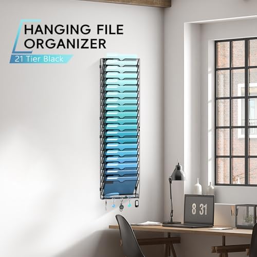 21-Tier Wall File Organizer and Mail Organizer with 5 Hooks, Black - Image 5