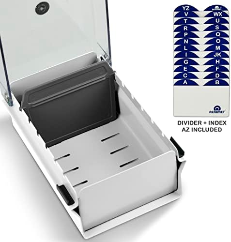 Acrimet Index Business Card Size File Holder Organizer Box Metal Base Heavy Duty (AZ Index Cards and Divider Included) (White Color with Clear Crystal Plastic Lid Cover) - Image 3